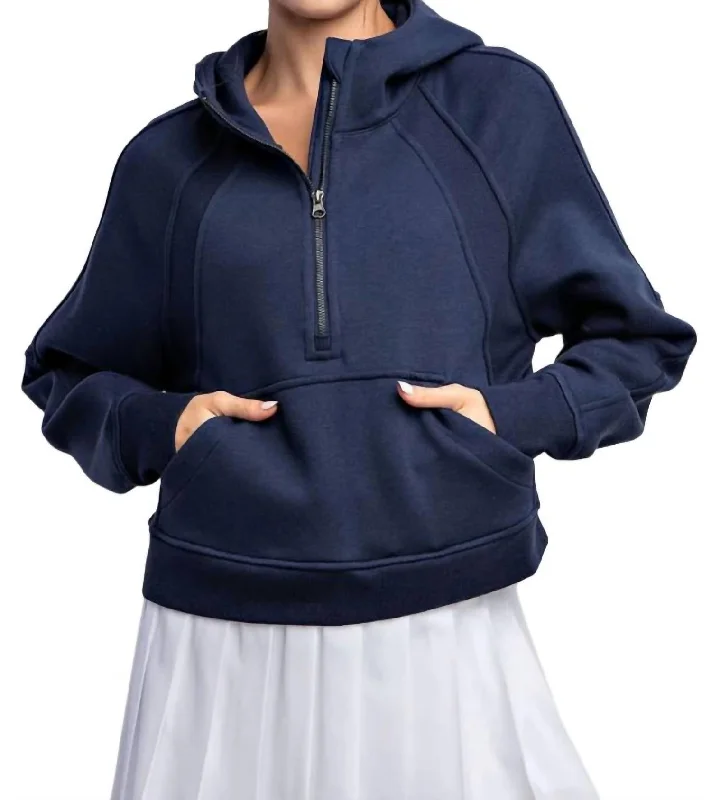 French Terry Cropped Quarter Zip Hoodie In Navy