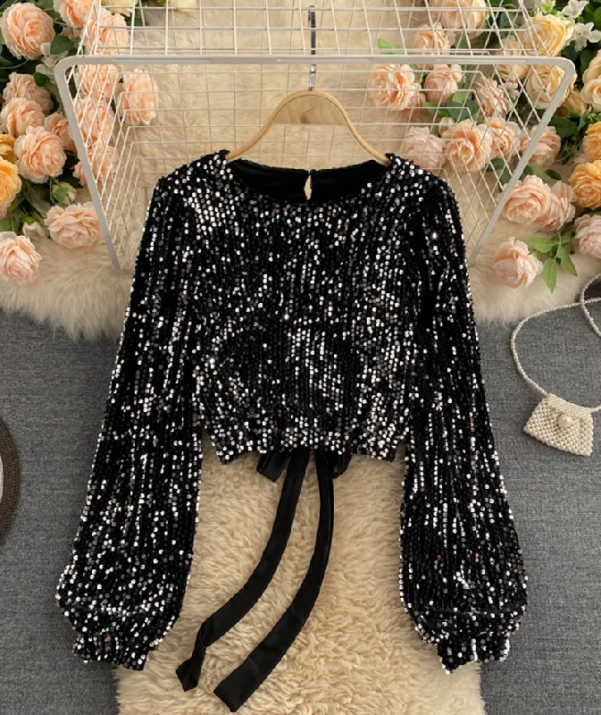 Shiny Long Sleeve Sequins Tops Open Back Tops      S4392